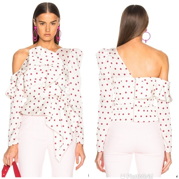Self-Portrait Asymmetric Polka Dot Frill Top One Shoulder Size 4 Puff Sleeve - Picture 1 of 11